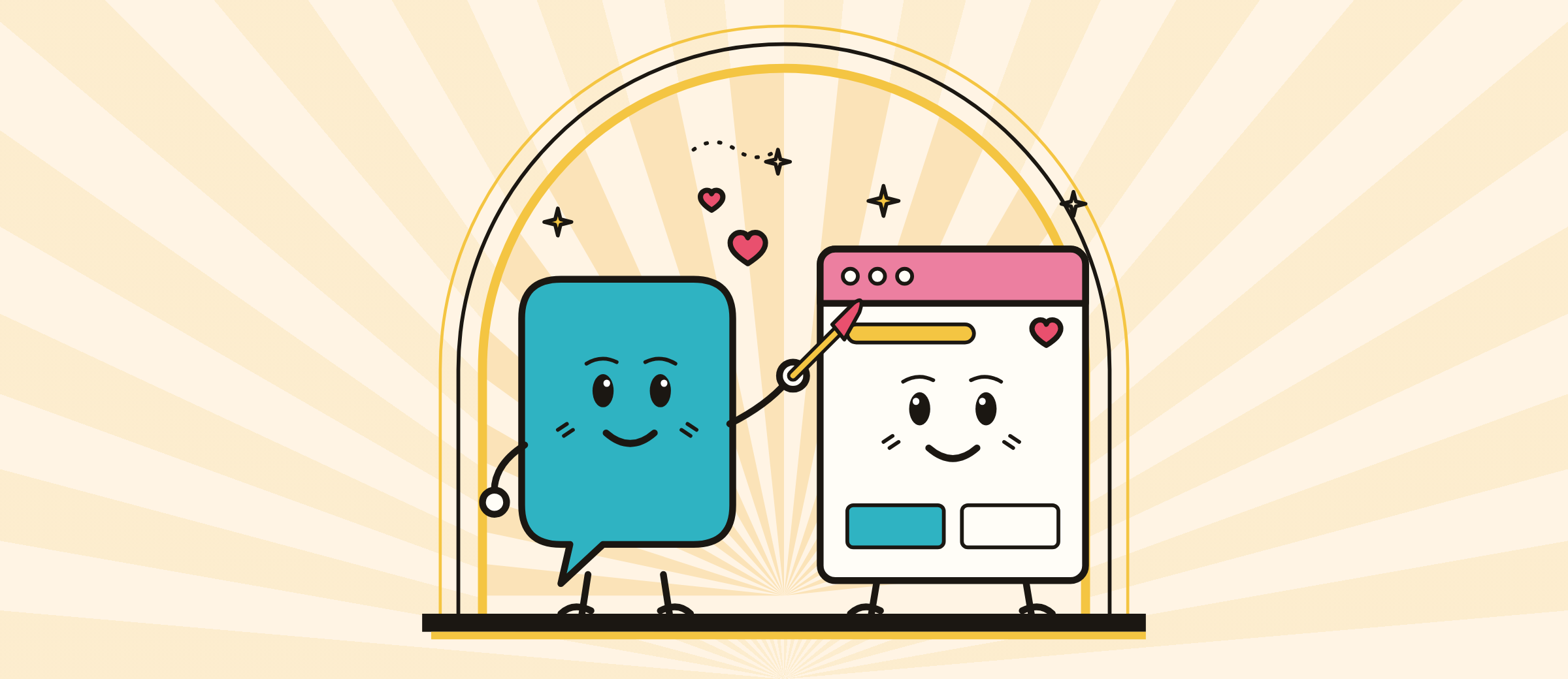 A vintage ink cartoon in an art deco arch: a smiling chat bubble with a paintbrush painting a happy website, with hearts and sparkles.